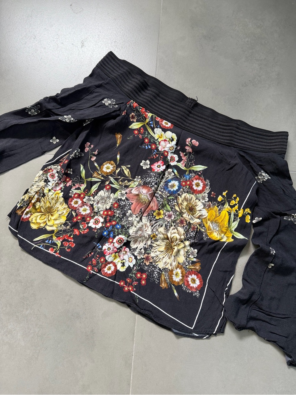Zara Black Floral Trim Off-Shoulder Top